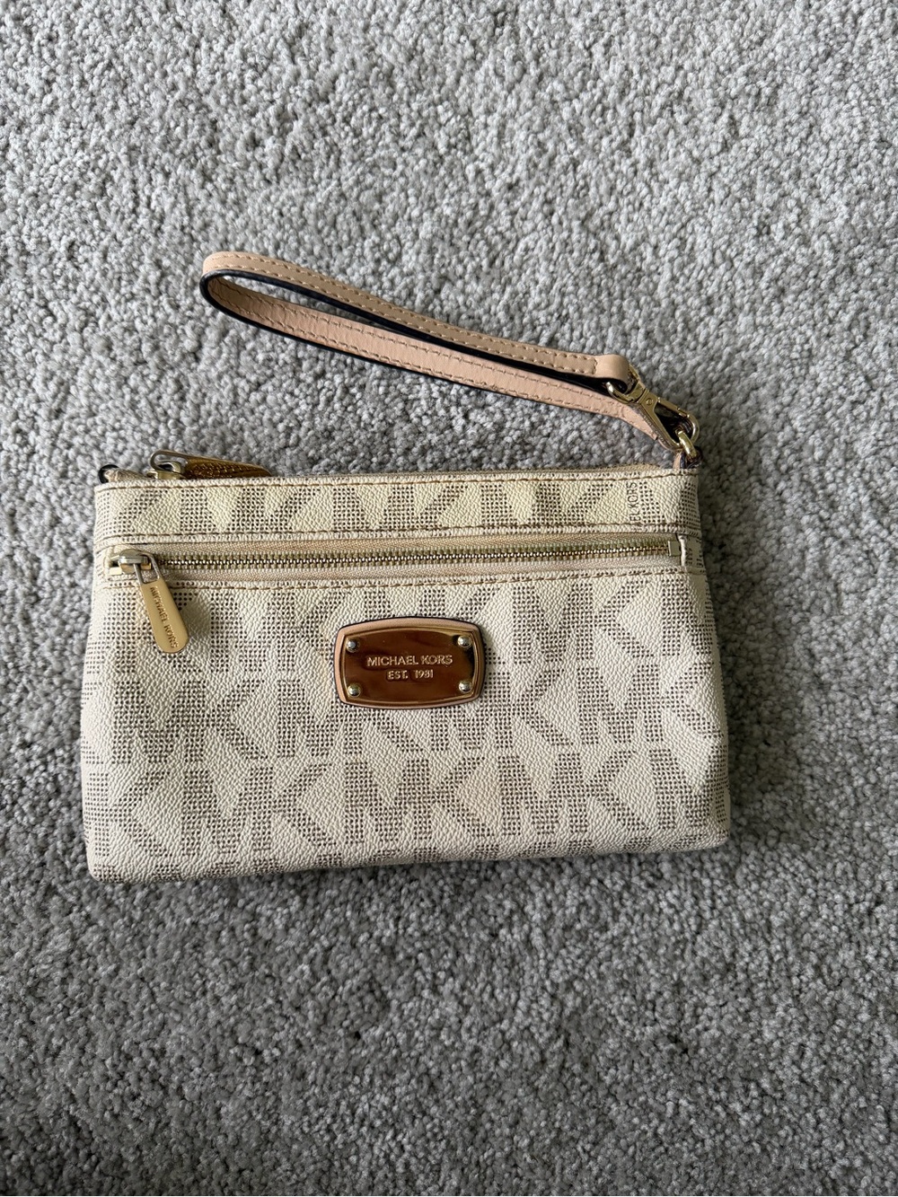 Michael Kors Cream Beige MK Logo Wristlet with Gold Hardware